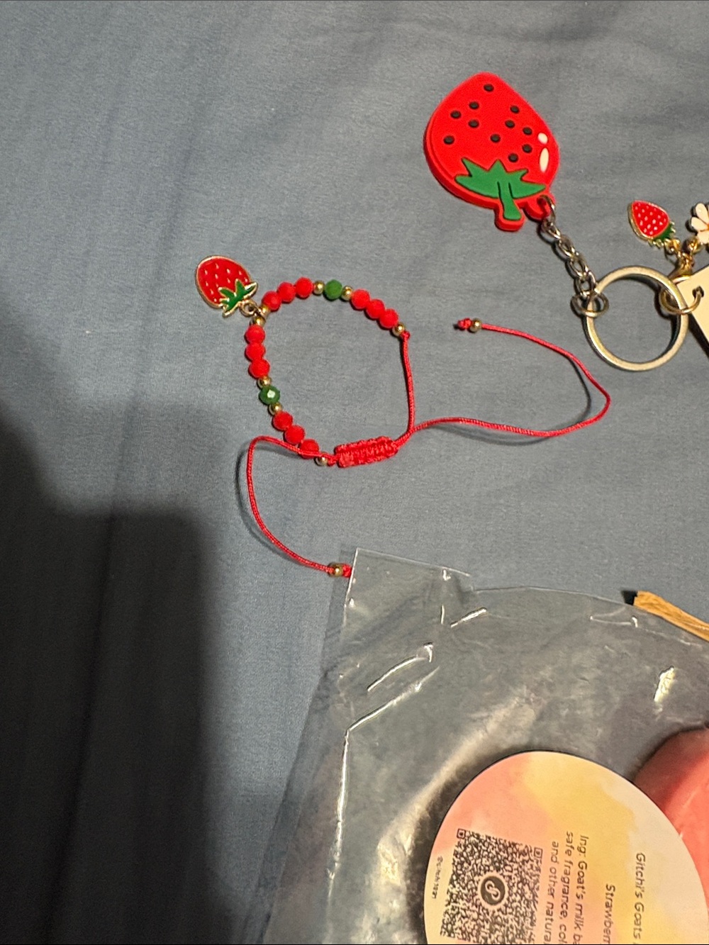 Strawberry Keychain Charm with bracelet and 3 strawberry mini goat milk soaps - Picture 5 of 17